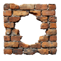 Brick wall with a large hole revealing empty space, showcasing aged structure and texture from a bygone era isolated on transparent background png