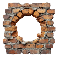 Brick wall with a circular hole showcasing rough texture and weathered appearance in an urban setting isolated on transparent background png