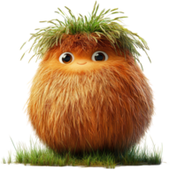 Cute fluffy creature sitting on green grass with a joyful expression in a vibrant outdoor setting during daylight isolated on transparent background png