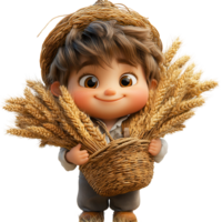 Cheerful child with wheat bundle in a country setting during harvest season isolated on transparent background png