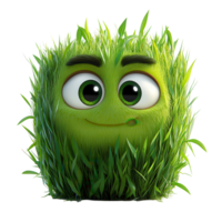 Cheerful animated character with green grass features expresses joy in a playful environment isolated on transparent background png