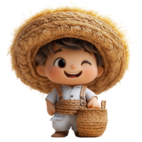 contento niño vistiendo un Paja sombrero y que lleva un cesta soportes en un soleado campo en un brillante tarde aislado en transparente antecedentes png