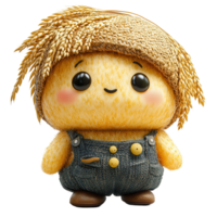 Cute character with straw hat and overalls standing cheerfully among field backdrop during sunny day isolated on transparent background png