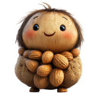 Cute animated character with a round shape and a smile, holding a collection of nuts, nestled in a cozy environment isolated on transparent background png