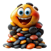 Smiling character surrounded by colorful stones in a playful arrangement during bright daylight isolated on transparent background png