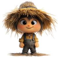 Cute cartoon character dressed as a scarecrow, standing on straw in a bright and cheerful style isolated on transparent background png