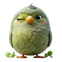 Adorable cartoon bird character with fluffy green feathers and playful expression located in a whimsical setting isolated on transparent background png