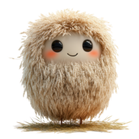 Cute fluffy character with round face and cheerful expression standing on a bed of straw in a bright background isolated on transparent background png