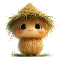 Cute character with straw hat and smiling face standing on green grass in a playful and whimsical style isolated on transparent background png