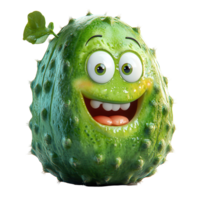 Happy green character resembling a cucumber with a big smile and a leaf on top in a playful setting isolated on transparent background png