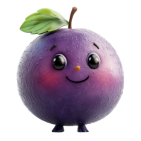 Cute cartoon plum character with a leaf on its head in a playful pose expressing joy and friendliness isolated on transparent background png