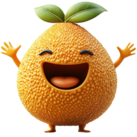Cheerful orange fruit character with a smile and raised hands expressing happiness in a playful design isolated on transparent background png