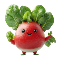 Cute cartoon character resembling a radish with leafy greens, showcasing a cheerful expression and a playful stance in a whimsical design isolated on transparent background png