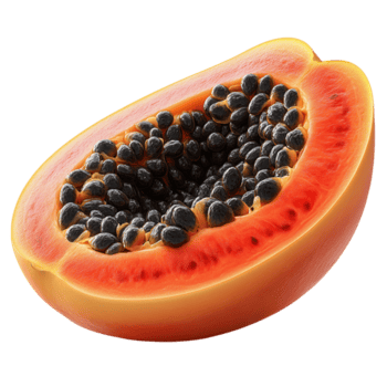 recién cortar papaya con vibrante naranja carne y numeroso negro semillas desplegado en contra un limpiar antecedentes aislado en transparente antecedentes png