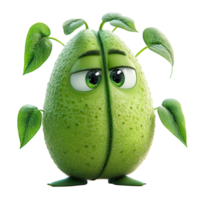 Green cartoon character with oversized eyes and leaf-like details stands playfully in a whimsical pose isolated on transparent background png