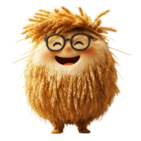 Friendly animated character with fluffy wheat-like hair wearing glasses and smiling joyfully in a playful setting isolated on transparent background png