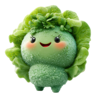 Cheerful broccoli character with leafy lettuce hairstyle in a vibrant animated style isolated on transparent background png