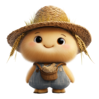 Cute character in a straw hat with wheat standing proudly, representing farm life and harvest time isolated on transparent background png