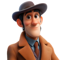 Animated character wearing a brown coat and hat, showcasing a friendly demeanor and charming smile isolated on transparent background png