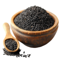 Black sesame seeds displayed in a wooden bowl with a spoon resting beside it on a white background isolated on transparent background png