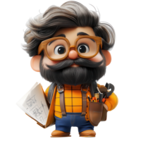 Cute animated character with glasses and a beard holding blueprints and tools in a workshop setting isolated on transparent background png