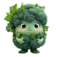 Broccoli character with a cheerful expression surrounded by green leaves in a whimsical style isolated on transparent background png