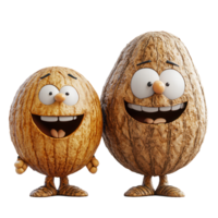 Two cheerful cartoon nuts with expressive faces stand side by side, showcasing their playful personalities in a fun and whimsical style isolated on transparent background png