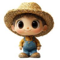 Cute character in straw hat and overalls stands cheerfully against a plain background, embodying a playful farming theme isolated on transparent background png