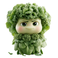 Character inspired by broccoli with a playful expression in a whimsical design isolated on transparent background png