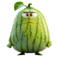 Characterful green fruit with expressive eyes and a leaf on top showcases emotions in a whimsical style isolated on transparent background png