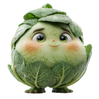 Cheerful character resembling a cabbage with leafy greens and a friendly expression in a bright, whimsical setting isolated on transparent background png