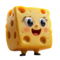 Cute cartoon cheese character with big eyes and a cheerful expression standing on small legs isolated on transparent background png