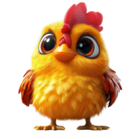 Cute cartoon chicken character with big eyes and colorful feathers standing cheerfully in a bright setting isolated on transparent background png