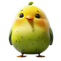 Cute cartoon bird character with bright yellow and green colors sitting with a joyful expression and tiny leaf on its head isolated on transparent background png