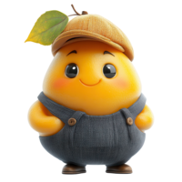 Cute animated character dressed in overalls and cap standing proudly with a leaf on its head, exuding charm and friendliness isolated on transparent background png