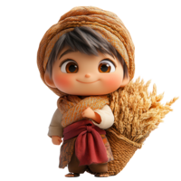 Young child in traditional attire carrying a basket of wheat during harvest time in a rural setting isolated on transparent background png