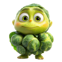 Character design of a cheerful green creature resembling a cabbage with expressive eyes and a playful demeanor in a whimsical style isolated on transparent background png