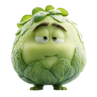 Cute animated character resembling a cabbage with a quirky expression and leafy hair on a white background isolated on transparent background png
