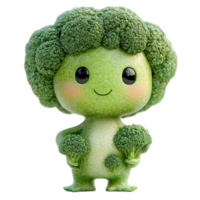 Cute broccoli character smiles while holding broccoli in its tiny hands in a playful and vibrant design isolated on transparent background png