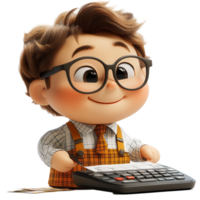 Young boy with glasses joyfully using a calculator while wearing a checked shirt and suspenders isolated on transparent background png