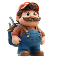 Cartoon character in overalls with a hat carrying a backpack full of tools in a bright setting isolated on transparent background png