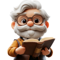 Charming elderly character with glasses reading a book in a whimsical style isolated on transparent background png