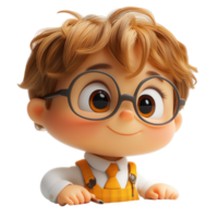 Smiling young boy with glasses and curly hair in a friendly, animated style, showcasing bright colors and cheerful expression isolated on transparent background png