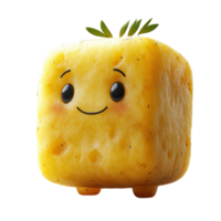 Cute cartoon character resembling a smiling pineapple cube with cheerful expression and green leaf on top isolated on transparent background png