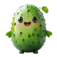Cute animated cucumber character with a happy expression and small leaf isolated on transparent background png