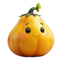 Cute cartoon pumpkin with a smiling face sits on a plain background, showcasing a whimsical design ideal for autumn themes isolated on transparent background png
