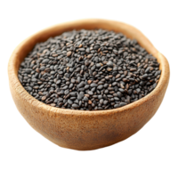 Black sesame seeds in a wooden bowl ready for culinary use in various dishes and health remedies isolated on transparent background png