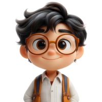 Cute animated character with glasses and backpack smiles brightly against a plain background isolated on transparent background png