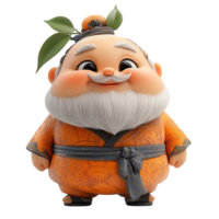 Happy animated figure in orange robe with a fruit ornament on head and cheerful expression isolated on transparent background png