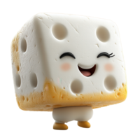 Cute cartoon character of a smiling cheese block with a friendly expression stands on a white background isolated on transparent background png